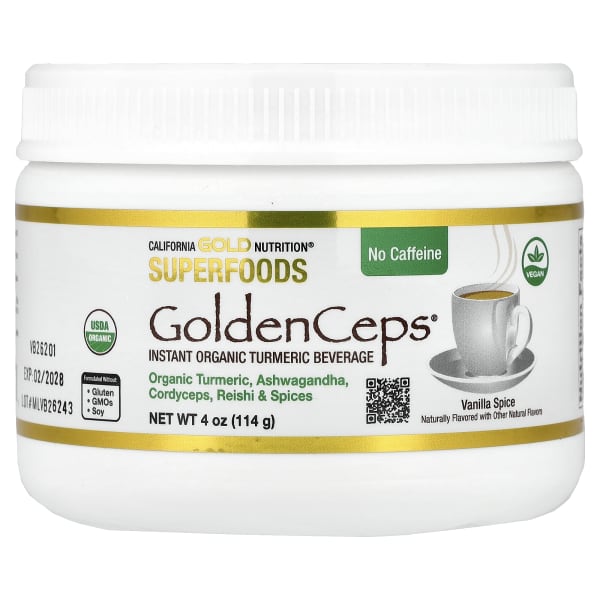 California Gold Nutrition, Superfoods, GoldenCepsĀ®, Organic Turmeric with Ashwagandha, Cordyceps, and Reishi, 4 oz (114 g)