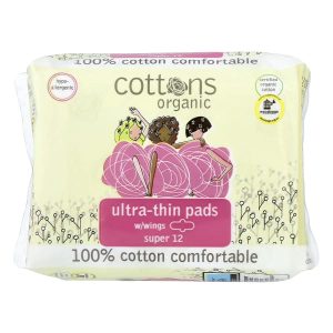Cottons, 100% Cotton Comfortable, Ultra-Thin Pads with Wings, Super, 12 Pads