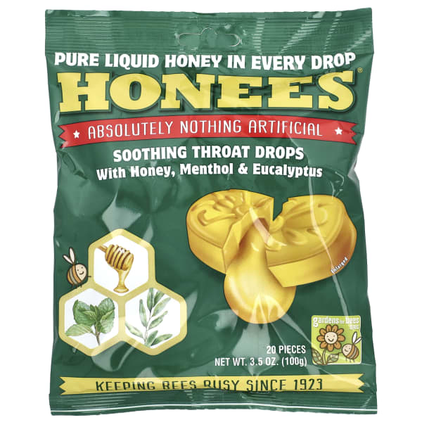 Honees, Soothing Throat Drops with Honey, Menthol & Eucalyptus, 20 Pieces, 3.5 oz (100 g)