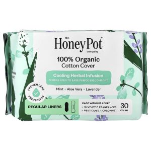 The Honey Pot Company, 100% Organic Cotton Cover, Cooling Herbal Infusion, Regular Liners, 30 Count