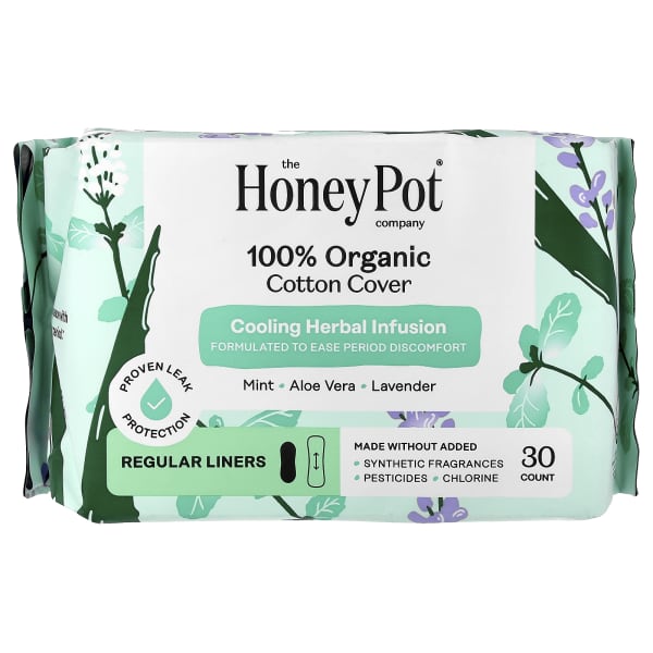 The Honey Pot Company, 100% Organic Cotton Cover, Cooling Herbal Infusion, Regular Liners, 30 Count