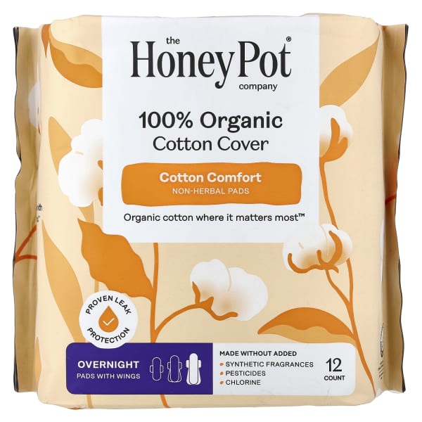The Honey Pot Company, 100% Organic Cotton Cover, Non-Herbal Pads with Wings, Overnight, 12 Count