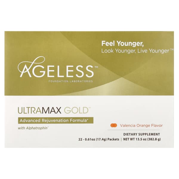 Ageless Foundation Laboratories, UltraMax Gold™ with Alphatrophin®, Valencia Orange, 22 Packets, 0.61 oz (17.4 g) Each