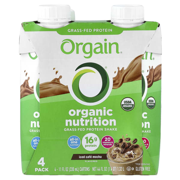 Orgain, Organic Nutrition, Grass-Fed Protein Shake, Iced Cafe Mocha, 4 Pack, 11 fl oz (330 ml) Each
