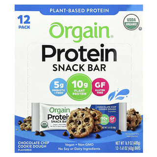 Orgain, Plant-Based Protein Snack Bar, Chocolate Chip Cookie Dough, 12 Bars, 1.41 oz (40 g) Each