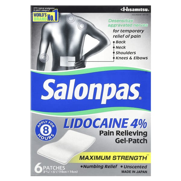 Salonpas, Lidocaine 4% Pain Relieving Gel-Patch, Maximum Strength, Unscented, 6 Patches
