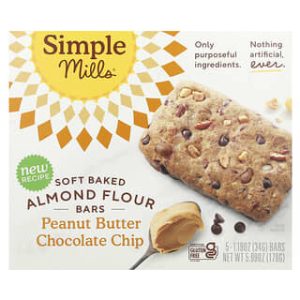 Simple Mills, Soft Baked Almond Flour Bars, Peanut Butter Chocolate Chip, 5 Bars, 1.19 oz (34 g) Each