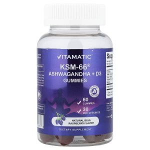 Vitamatic, KSM-66® Ashwagandha + D3 Gummies, Natural Blue Raspberry, 60 Gummies