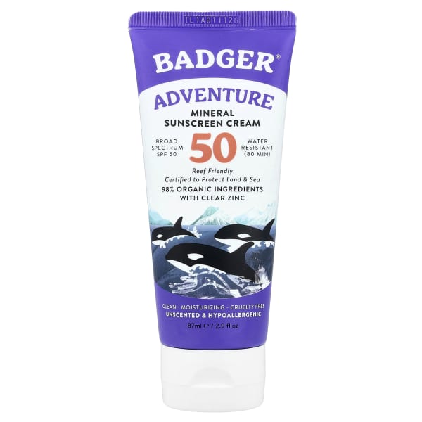 Badger, Adventure, Mineral Sunscreen Cream, SPF 50, Unscented, 2.9 fl oz (87 ml)